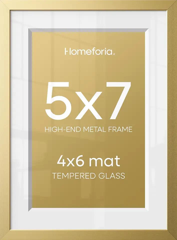 Homeforia 5x7 Gold Picture Frame, High-End Metal, 4x6 Mat, Glass