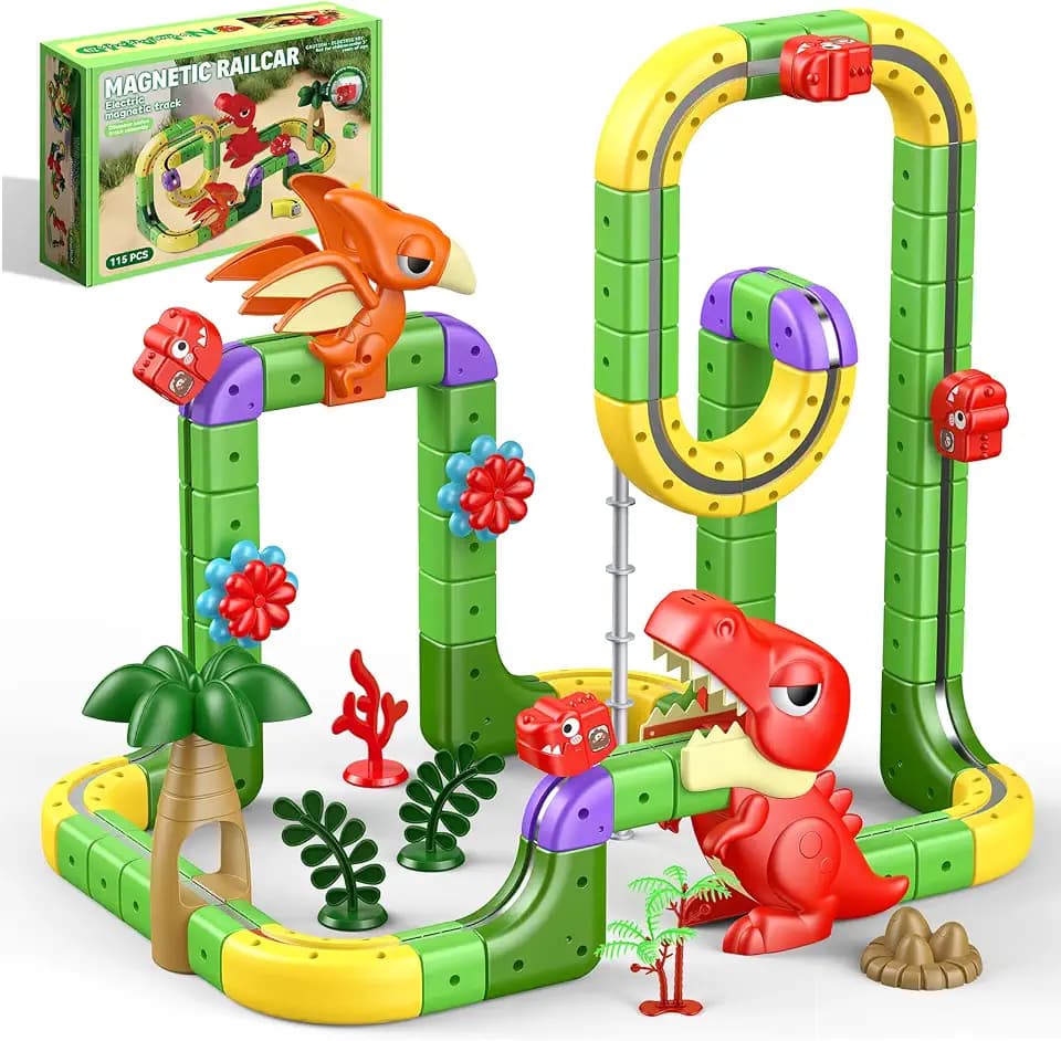 Dinosaur Magnetic Train Set Toys for Kids 3-5: 115PCS 3D Infinity Racer Cube Tracks Anti-Gravity Rail Electric Train Track Birthday Gifts Toys for 3 4 5 6 7 8 Year Old Boys Girl