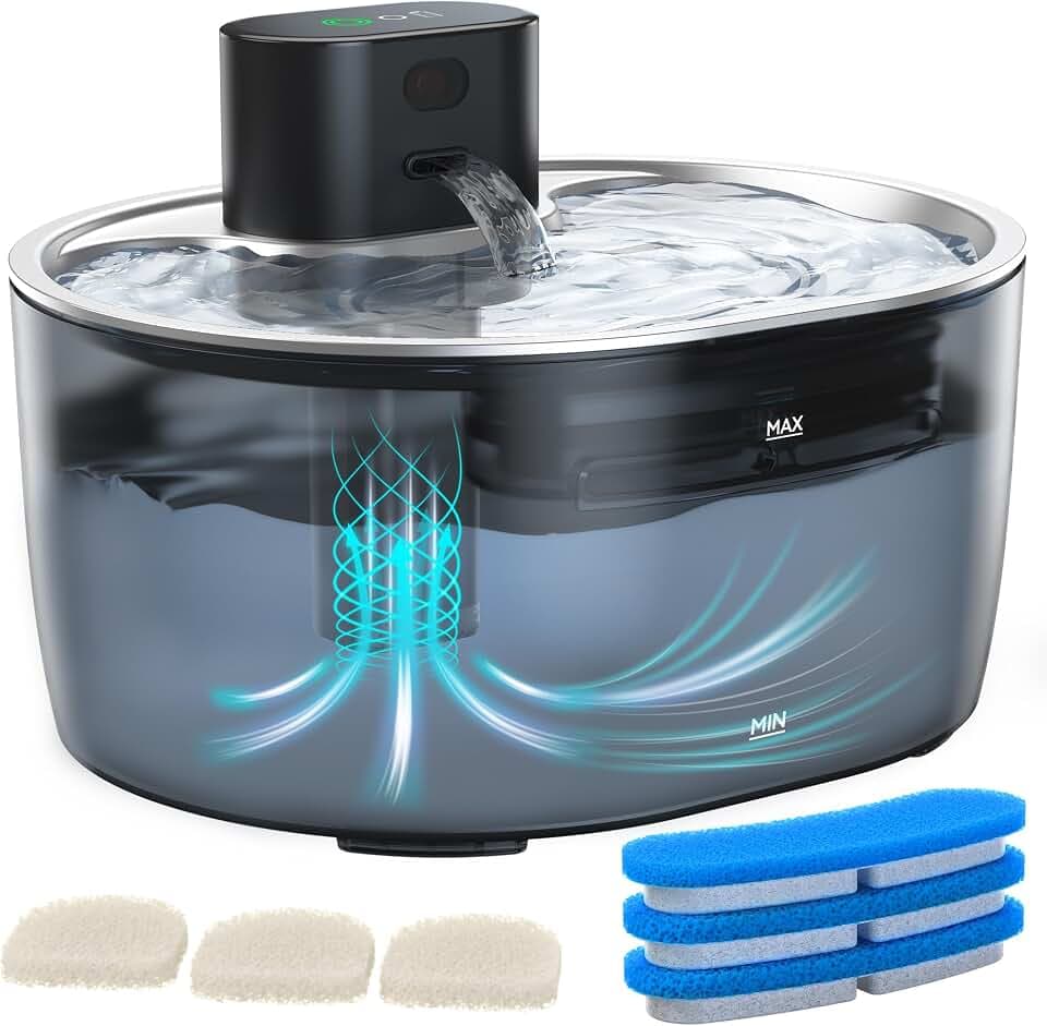 Pumpless Katzenbrunnen - Kabellos Trinkbrunnen für Katze mit Akku 5000mAh,Ultra Leise Wasserspender Katzen mit 3 Filters,3.2L Katzenbrunnen mit Bewegungsmelder,Wireless Pet Water Fountain