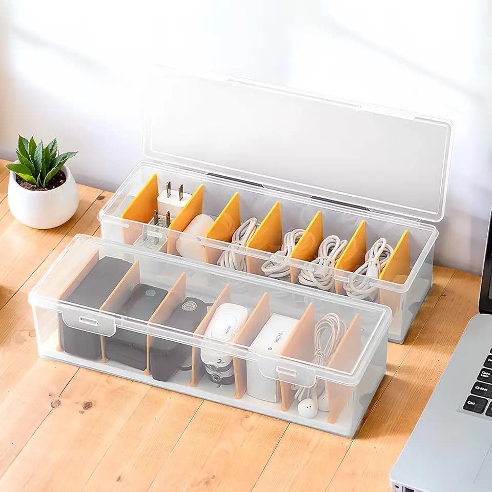 PAVSTINE 2 Pack Clear Cable Organizer Box with Lid and Adjustable Dividers