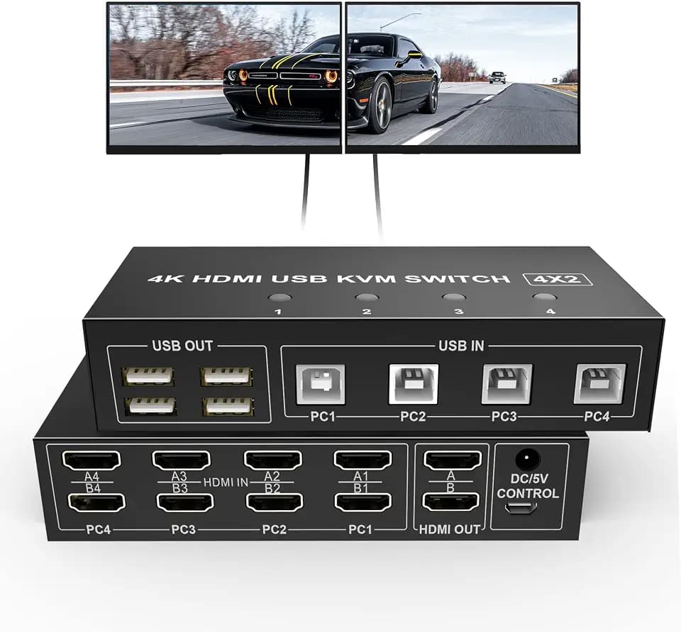 Dual Monitor KVM Switch HDMI 4 Port Extended Display 4K@60Hz KVM Switch 2 Monitors 4 Computers KVM Switch HDMI 4 in 2 Out PC Monitor Keyboard Mouse Switcher with 4 USB Cables USB Power Cord Controller