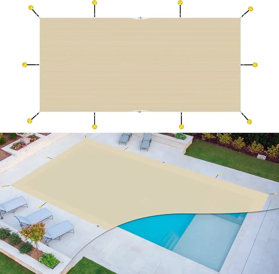 Windscreen4less 14'x24' Inground Pool Cover Rectangle Winter Mesh Safety Swimming Pool Cover with Wire Cable (Beige)