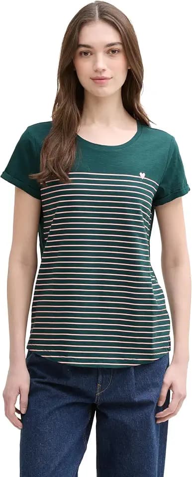 TOM TAILOR Denim Damen Streifen T-Shirt mit Herz-Stickerei auf der Brust