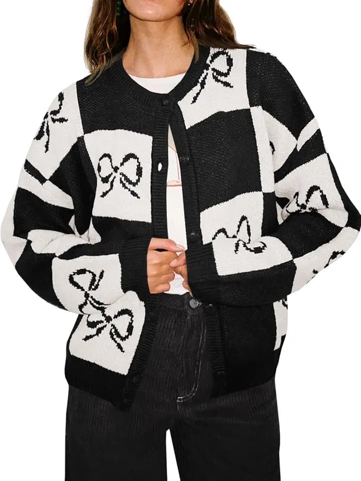 Saodimallsu Womens Checkered Sweater Bow Color Block Plaid Cardigan Long Sleeve Button Open Front Knit Coat