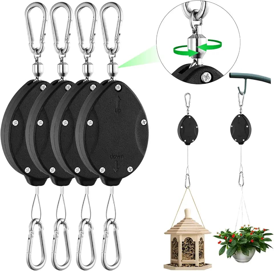 4 Pack Heavy Duty Plant Pulley, Retractable Plant Hanger with Steel Rope