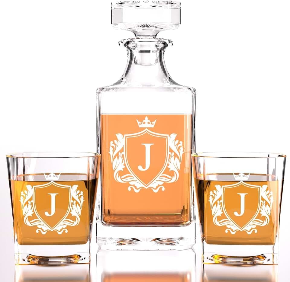 Personalized Whiskey Decanter Set with Monogram Initial, A-Z 10oz Personalized Whisky Glasses with 750ml Decanter, Unique Fathers Day Birthday Gifts for Men Him Dad Husband Brother Son (J)