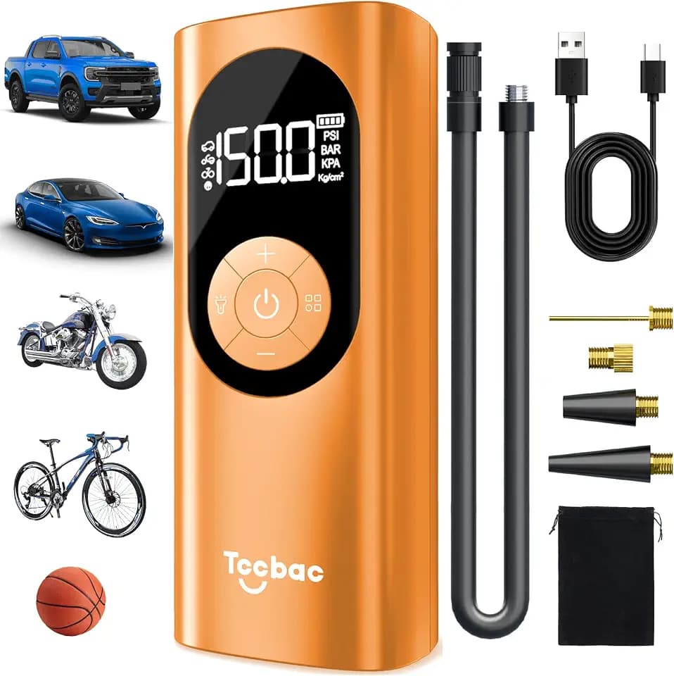 Tire Inflator Portable Air Compressor with Auto Shut-Off and Led Light, 150PSI Cordless Air Pump with Digital Pressure Gauge, 20s Fast Inflate Electric Bike Pump for Car, Motorcycle, Bicycle, Ball