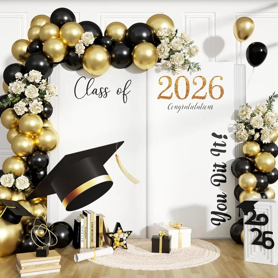 Class of 2026 Graduation Arch Backdrop Stand, 7.3ft Congrats Grad Arch Cover Backdrop Black White Gold Round Top Photo Booth Backdrops Stand Covers for 2026 Graduation Party Background Decorations