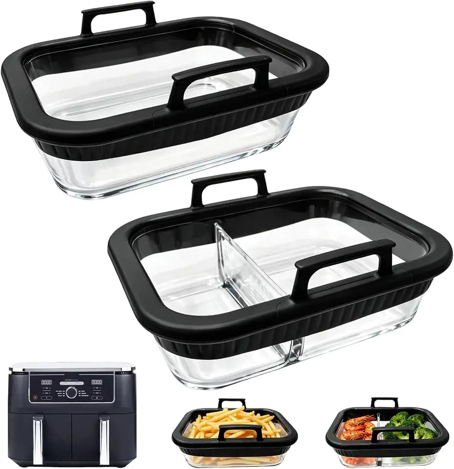 2 Stück Auflaufform Airfryer für Ninja Heißluftfritteuse AF400/AF500/SL400, Borosilikatglas Backform mit Silikongriffen, Glas Airfryer Zubehör, BPA-frei, Airfryer Glasbehälter Hitzebeständig