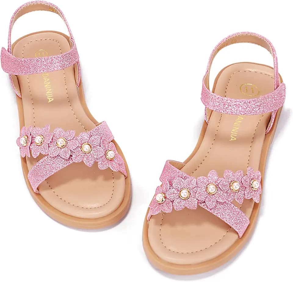 PANDANINJIA Girls Sandals Open Toe Dress Summer Flats Shoes