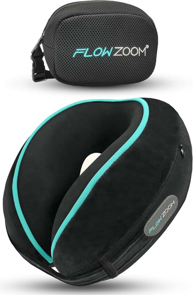 FLOWZOOM Dream Pro - Nackenkissen mit extra seitlicher Stütze und flexibel einstellbarem Klettverschluss - Reisekissen Flugzeug aus Memoryschaum - inkl. Reisebeutel & Geschenkverpackung - Schwarz