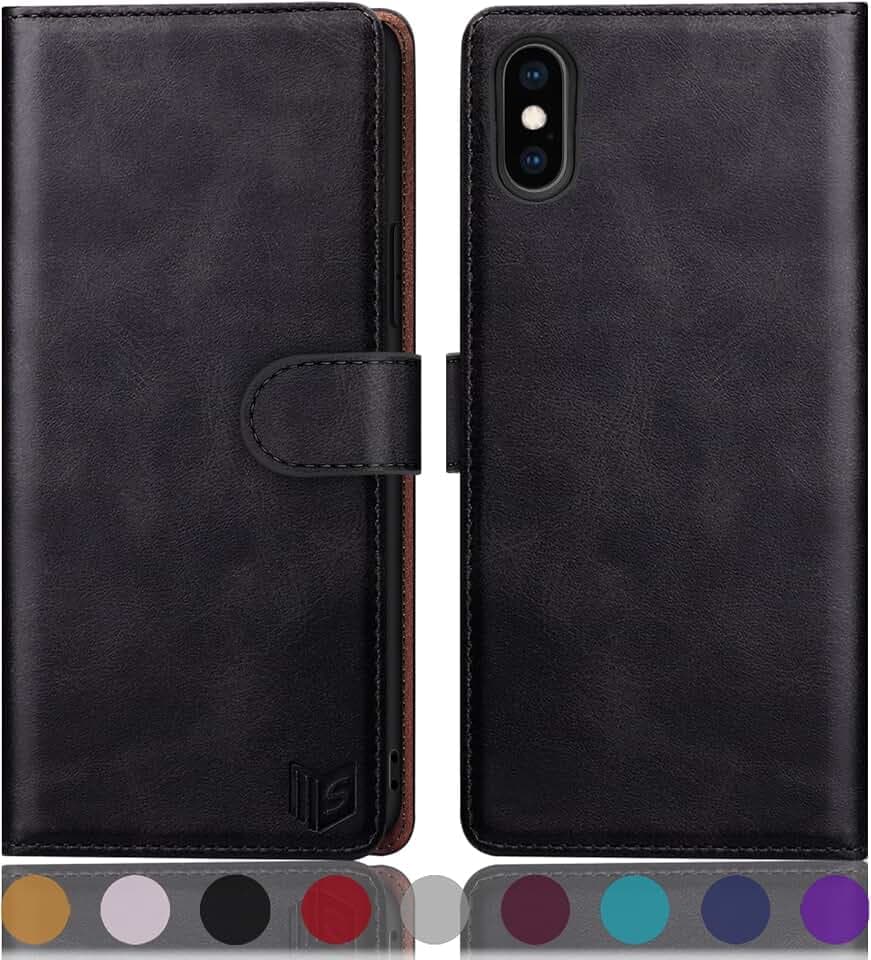 SUANPOT [RFID Schutz] für iPhone X/XS 5,8-Zoll hülle PU Leder handyhülle Lederhülle klapphülle Kartenfach Flip Phone Case Cover für iPhone X/XS handyhülle Schwarz