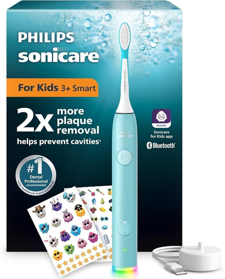 Philips Sonicare for Kids Smart elektrische Zahnbürste - Schallzahnbürste mit App, für Kinder 3+, 2 sanfte Putzprogramme, 2-Minuten-Timer, 2 Bürstenköpfe (Standard + Mini), Blaugrün, Modell HX6600/13