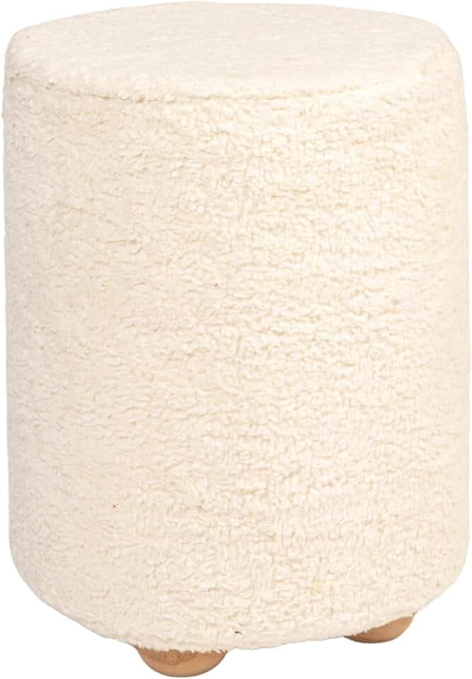 Bloomingville Round Sherpa Upholstered Pouf with Pine Wood Feet, Cream and Natural