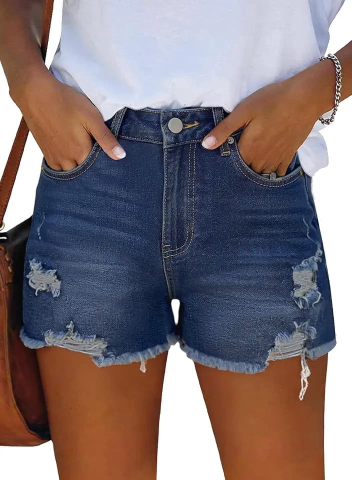 Bosmeer Jean Shorts for Women Casual Mid-Waisted Distressed Stretchy Denim Short Ripped Frayed Hem Summer Jorts