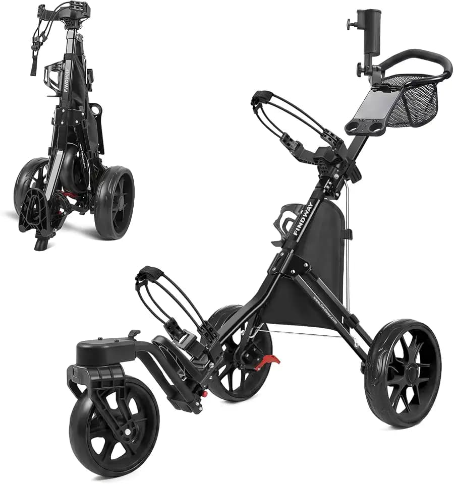 findway Golf Push Cart 3 Wheel, Foldable 360° Swivel Front Wheel Golf Bag Cart, Lightweight Golf Pull Cart with Foot Brake, Adjustable Handle, Storage Bag, Umbrella & Drink Holder