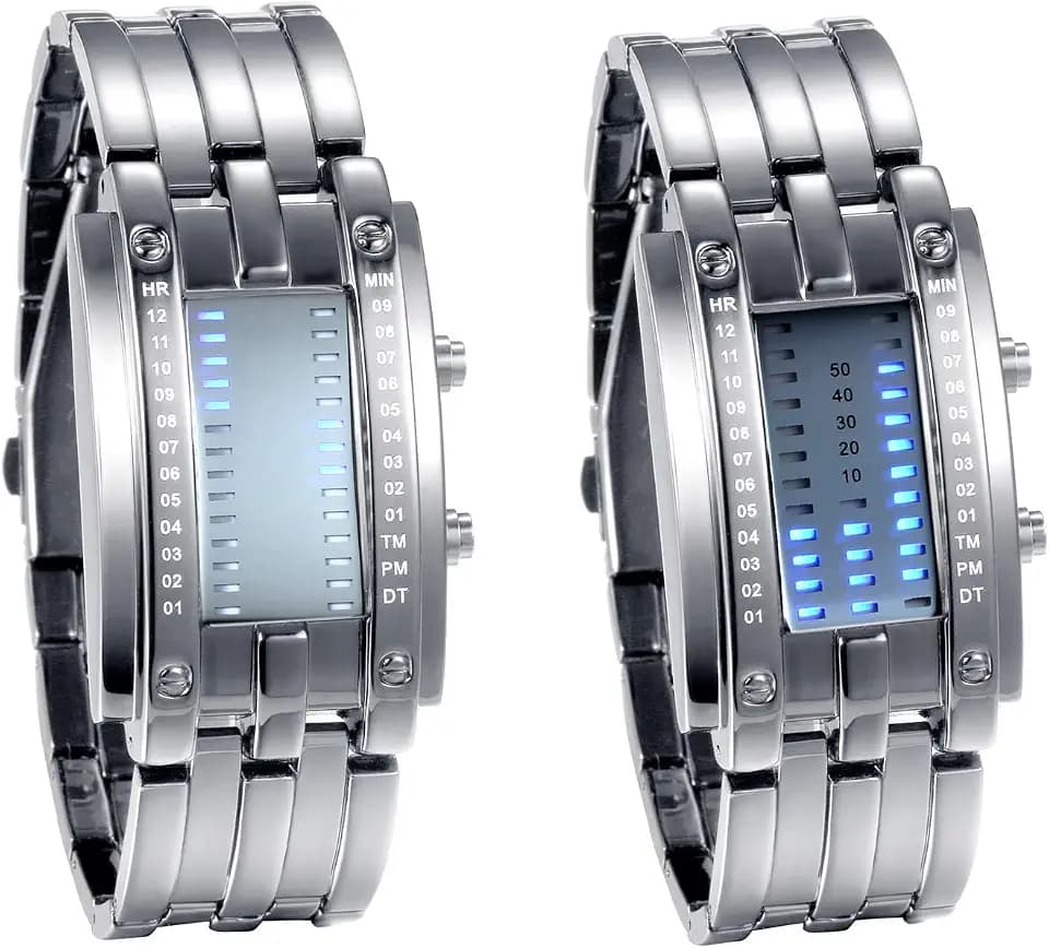 JewelryWe Paar Uhren Digitaluhr Edelstahl Binäre Uhr Rechteck Bezel LED Sportuhr Blau LED Licht Kalender Mode Cool Partner Armbanduhr für Herren Damen Schwarz/Silber