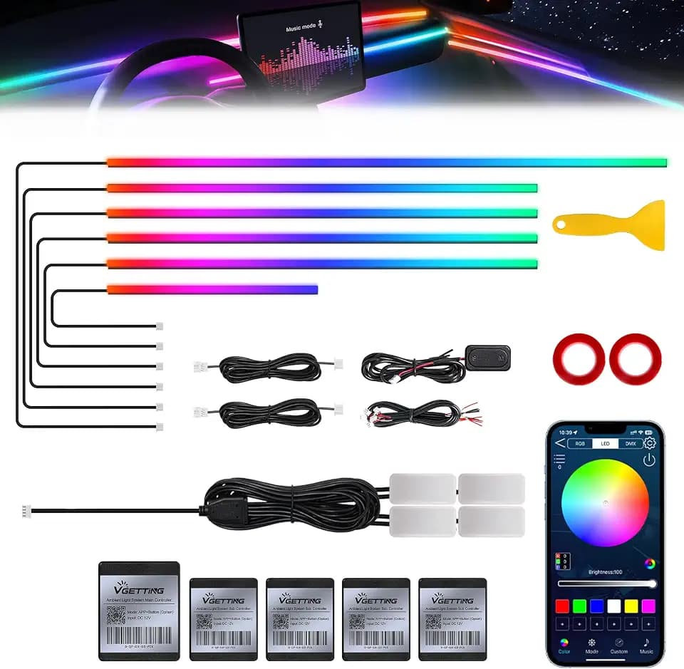 Dreamcolor Acrylic Interior Car LED Strip Light with Wireless APP, Dual Zone RGB 10 in 1 with 175 inches 593 Neon Car Ambient Lighting Kits, Music Sync LEDs Fiber Optic Strip Neon Lights for Car