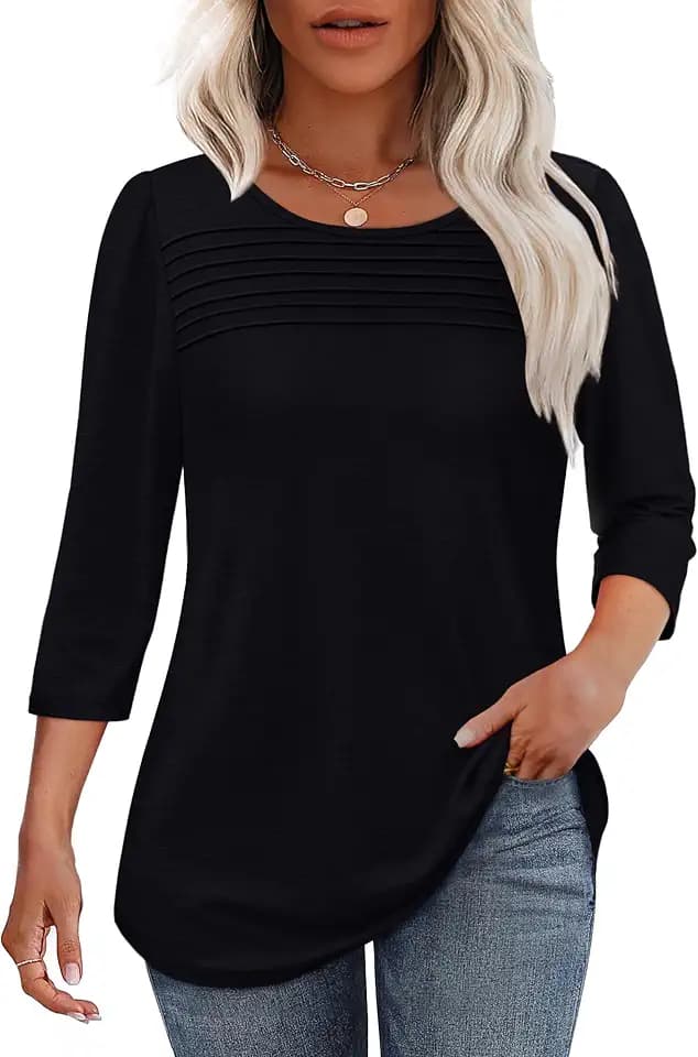 OFEEFAN Womens Tops 3/4 Length Sleeve Blouses Dressy Casual Spring Summer Fall Outfits Pleated Front T Shirts Curved Hem