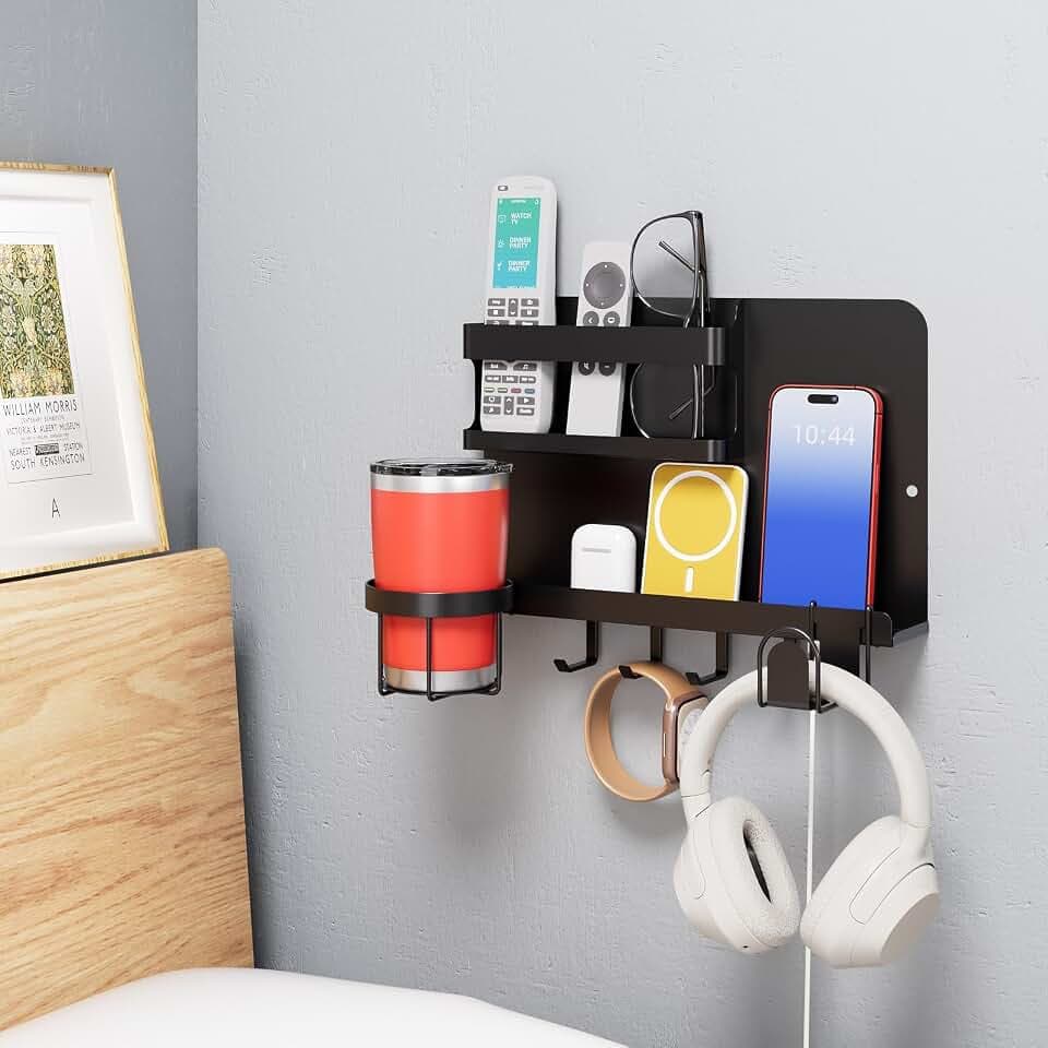 Black Wall Mount Bedside Shelf for Remote & Makeup Organizer
