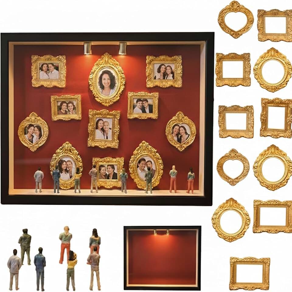 Generisch DIY Mini Museum Silhouette Box, Mini Figuren Menschen Museum, Kreatives Erinnerungsdisplay Kit Mit 8 Figuren & 11 Gold Rahmen, für Hochzeiten, Abschlussfeiern oder Feiertage