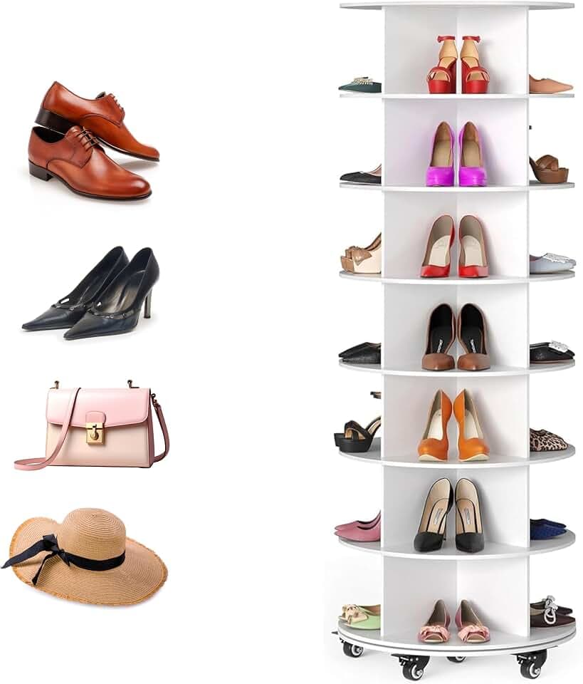 7-Tier Rotating Shoe Organizer with Wheels, 360° Spinning Shoe Rack Tower, Freestanding Lazy Susan Shoe Storage for Shoes, Handbags & Accessories