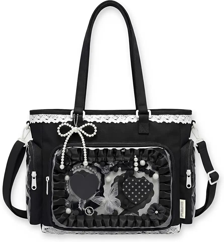 Kawaii Ita Tote Crossbody Bag with Insert Anime Pin Display, Black