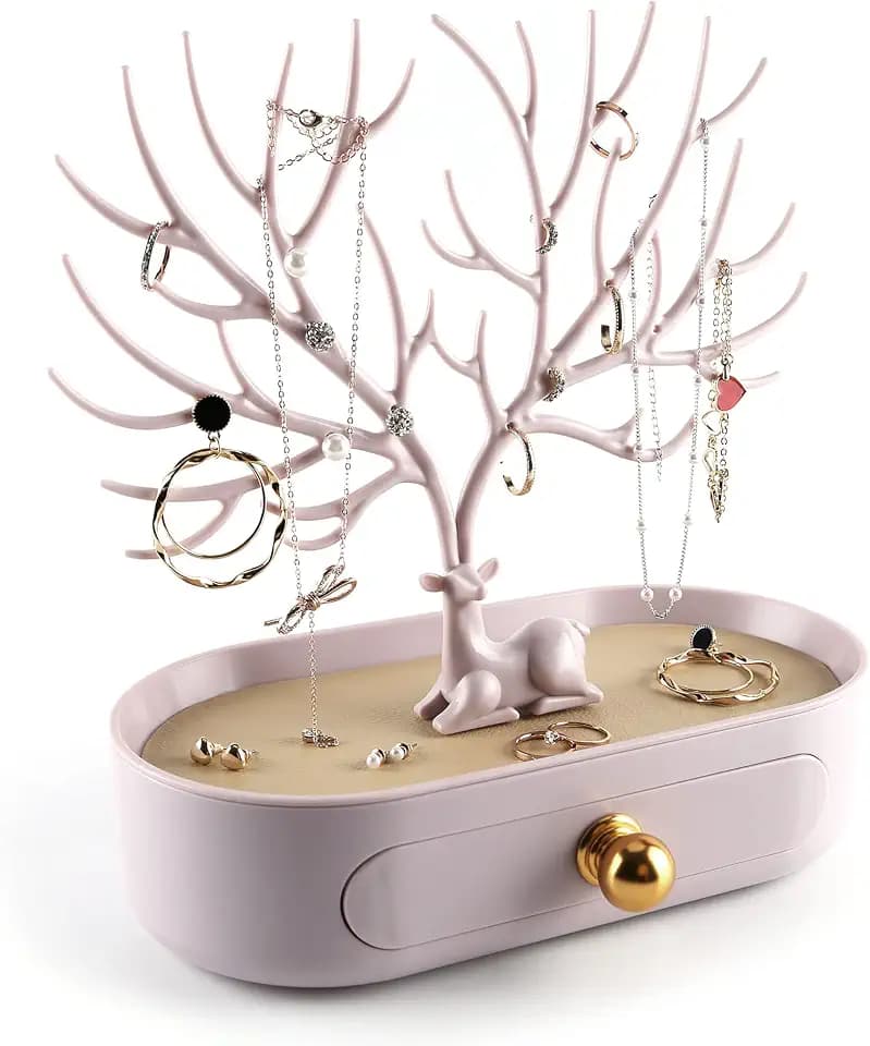 MORE&LESS Aluminiumlegierung Griff Geweih Schmuck Display-Rack Baum Turm hängenden Ring Ohrringe Halskette Armband Aufbewahrungsrahmen Geweih Baum Rack mit Aufbewahrungsschublade und Tablett