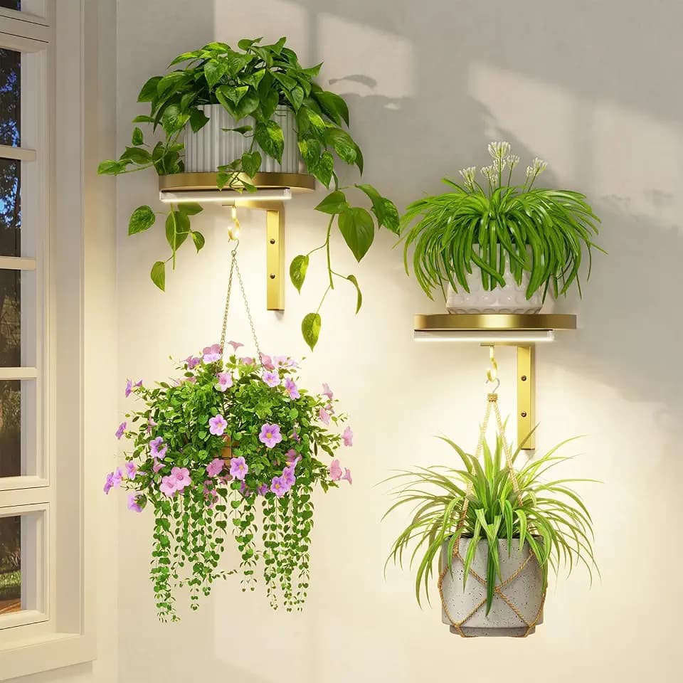 LASZOLA Plant Hanger Holder Shelf Wall Indoor with Lights, 2 Pcs Gold