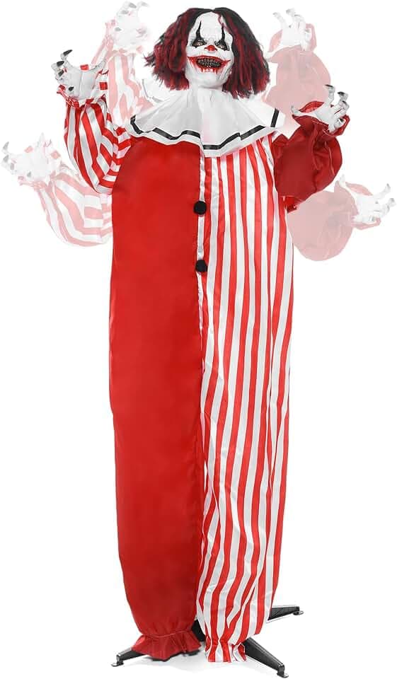 Gruseliger Clown für Halloween, 172,7 cm, Mit LED-Augen und Sound-Aktivierung für Outdoor, Rasen, Hof, Terrasse, Spukhaus-Dekoration