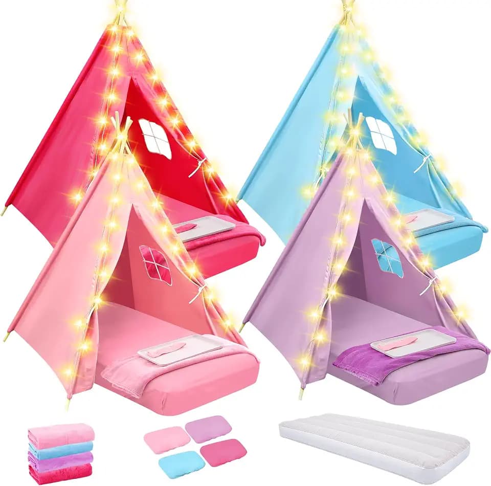 Windyun 4 Pack Kids Sleepover Teepee Tent Set Air Mattresses,Colorful