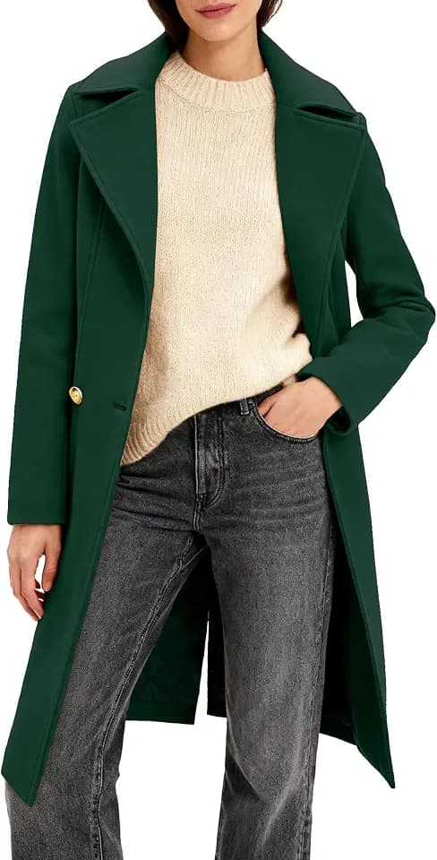 Women's Long Notch Lapel Coat, Double-Breasted Peacoat, Casual Classic Fall Winter Overcoat