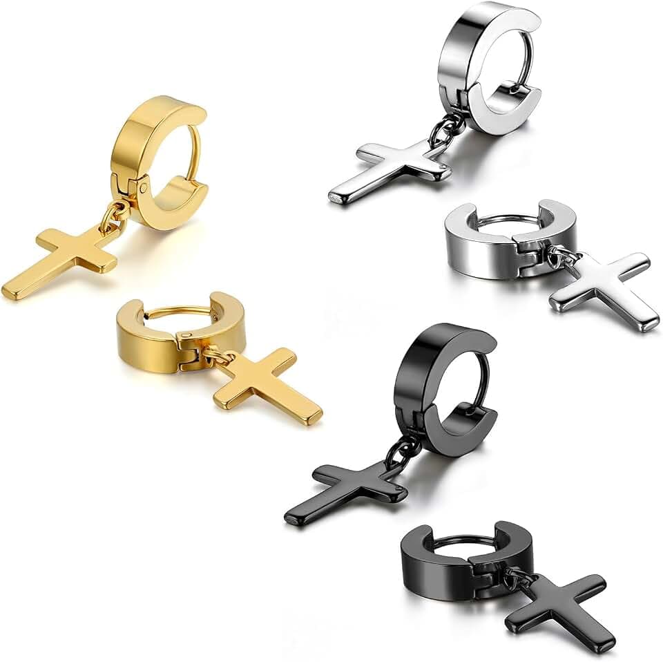 Cupimatch Ohrringe Kette Set Herren Damen Ohrstecker Kreuzanhänger Baumeln Creolen Ohrpiercing Schmetterling Feder Lebensbaum Anhänger Ohrringe Kleine Hoop Earring für Männer Frauen