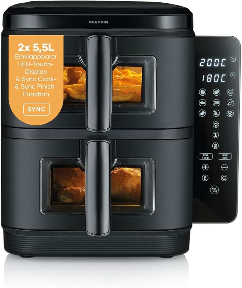 Severin Duo Stack Heißluftfritteuse, 2 x 5,5 L Garraum, 2 Kammern, gesundes Kochen, 9 Automatik-Programme, Fritteuse ohne Fett, platzsparendes Design, doppelstöckig, S-Fry, 2800 W, schwarz, FR 9598