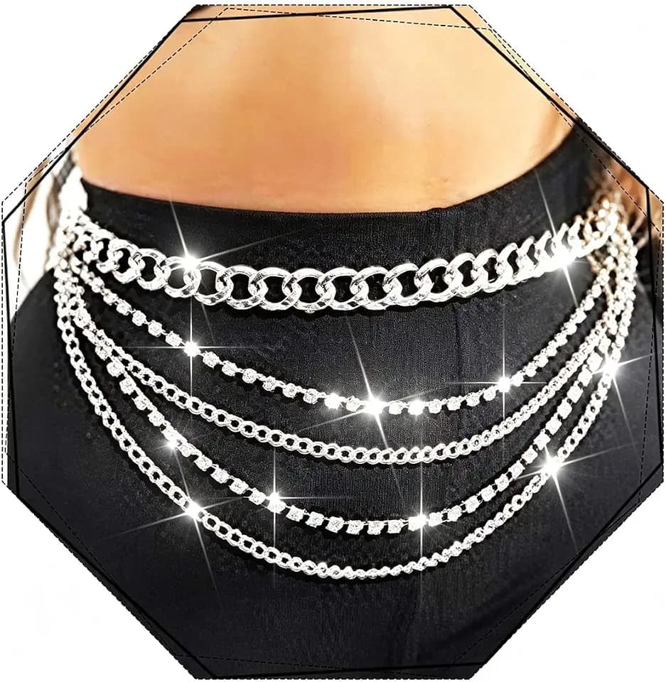 REETAN Rhinestone Waist Chain Belts Silver Layered Fashion Body Jewelry for Women