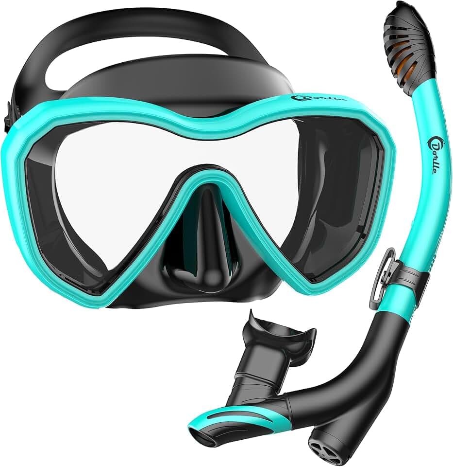 Dorlle Schnorchelset, Neu Verbesserte Panorama Schnorchelmaske, wasserdichte Tauchmaske Anti-Fog Anti-Leck aus Gehärtetem Glas, mit 3-Kanal Premium Dry Schnorchel für Erwachsene