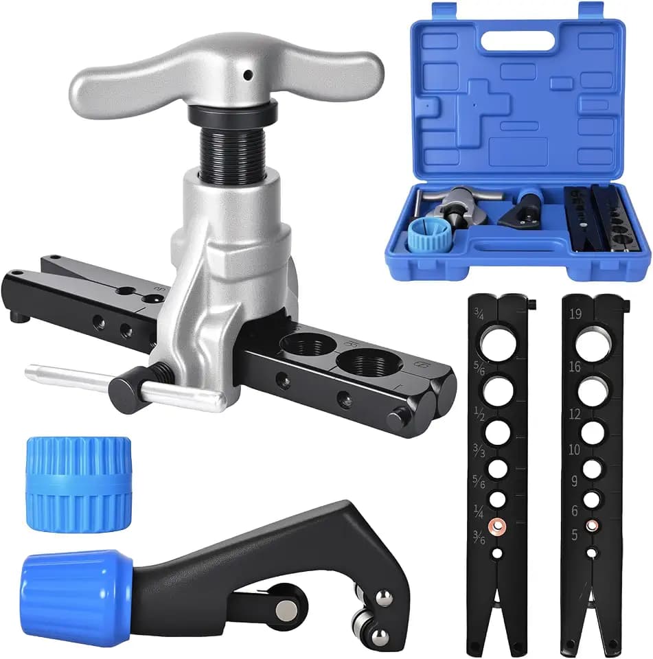 Eccentric Flaring Tool Kit 45° Single Flare Tool for 1/4 to 3/4 Inch Metric 5-19mm O.D. Copper Aluminum Thin Steel Tubings 2 Flaring Bar for 14 Dies Sizes HVAC with Reamer & Tube Cutter