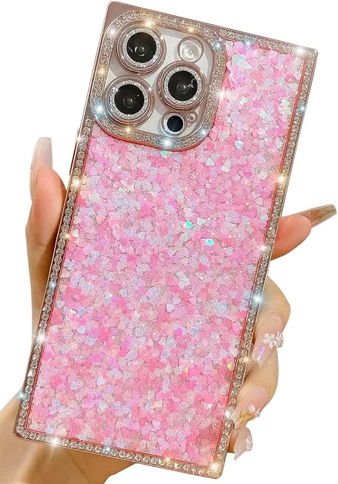 Trendy Girly Glitter Powder Compatible with iPhone 16 Pro Max Rectangle Case, Elegent Cute Slim Women Bling Diamond Rhinestones Plating Phone Cases(Pink,16 Pro Max)