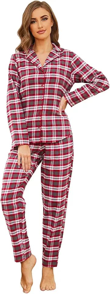 Mnemo Home Damen Schlafanzug Lang Flanell Pyjama Damen 100% Baumwolle aus Flanell