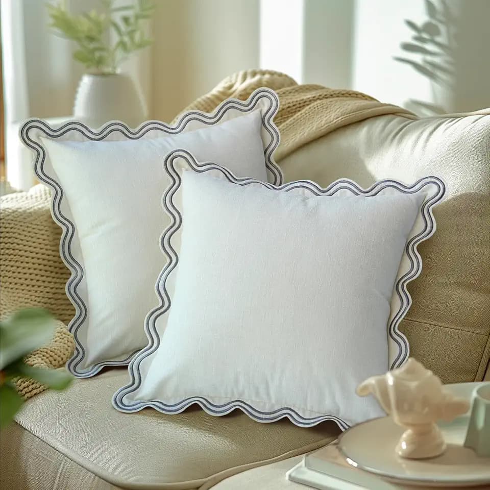 TINYSUN Scalloped Decorative Throw Pillow Covers - Set of 2, Double-Sided Embroidered Scallop Design, Premium Winter Cushion Covers for Living Room Sofa Couch Bed(Cream White,18x18 Inch)