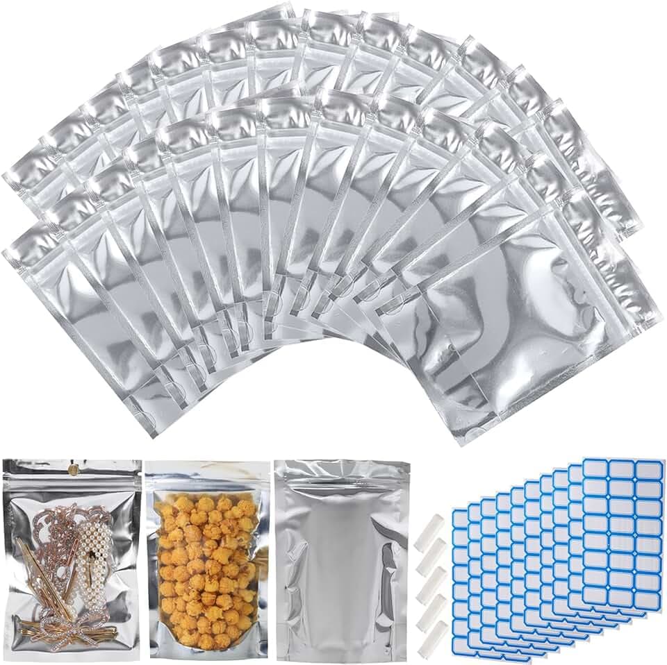 600-Pack Reclosable Large Mylar Bags for Food Storage 4.7" x 7.9" Stand Up Pouch Bags Bulk Resealable Smell Proof Aluminum Silver Foil Bags with Clear Window Kitchen Storage Edible Packaging