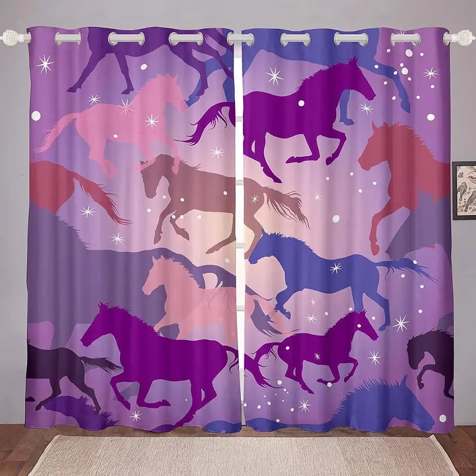 Loussiesd Pferdevorhänge für Schlafzimmer, Wohnzimmer, Mädchen, Frauen, Glitzer, violett, rosa Zimmervorhang, Pferde, Silhouetten, Fenstervorhänge, Bauernhoftier, Fensterbehandlungen, W46 x L72