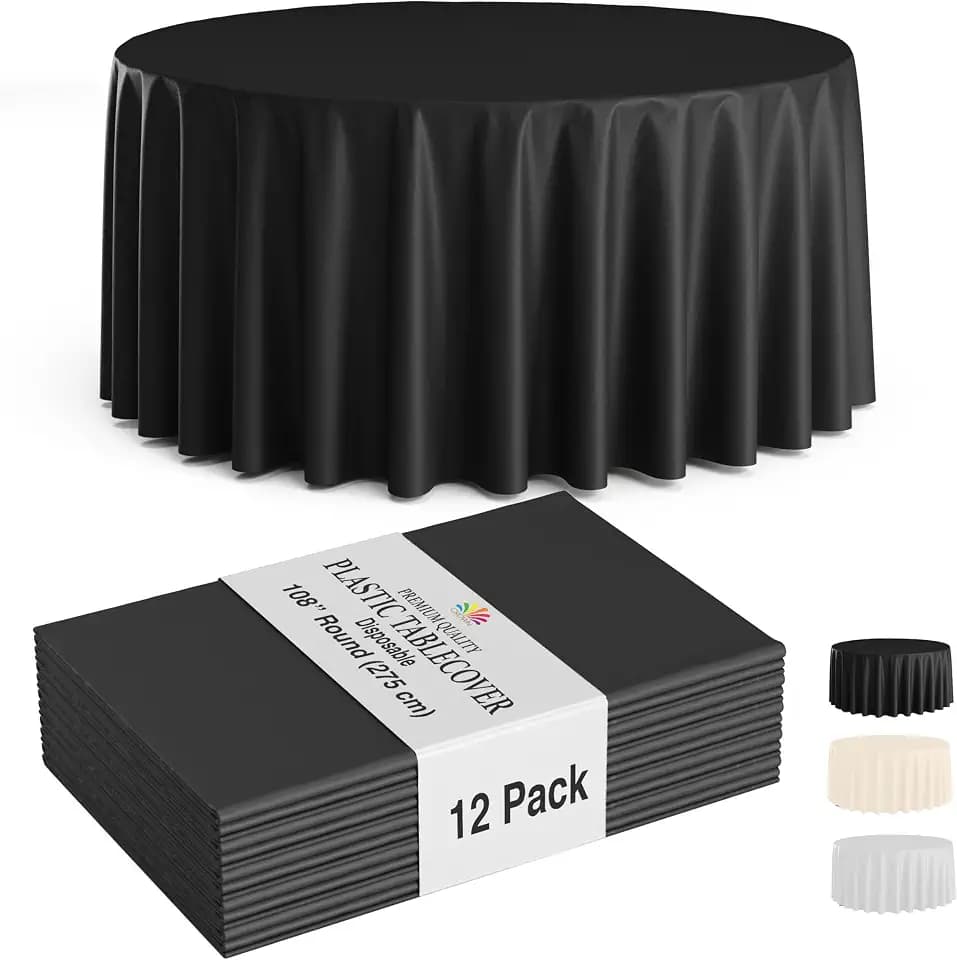 Party Solids 12-Pack Black Round Plastic Tablecloth Disposable – Size: 108 Inches – Round Plastic Table Cloths for Parties, Picnics & Formal Events