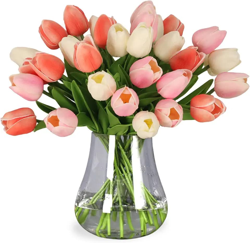 30pcs Tulips Artificial Flowers, Real Touch Fake Flowers Home Decor, Faux Tulips Bouquets Arrangements for Spring Easter Mothers Day Wedding Dining Room Table Decoration(3 Colors)