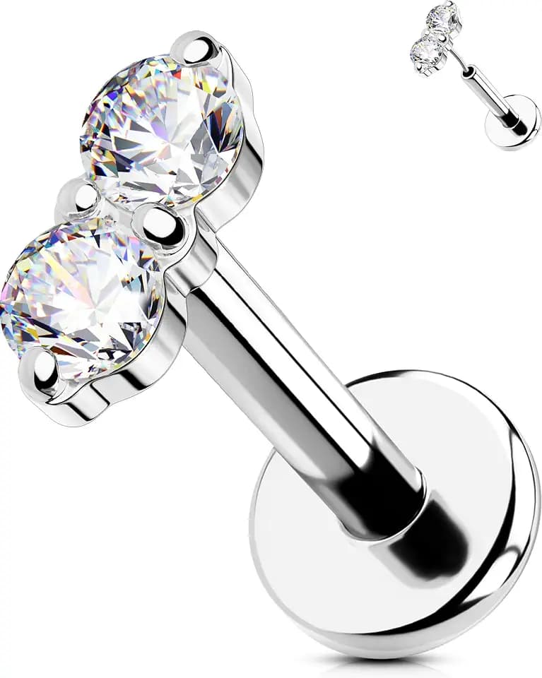 OUFER Threadless Flat Back Labret Stud 16G 18G, 316L Stainless Steel Push Pin CZ Stud Earring, 6mm 8mm Post for Cartilage Tragus Helix Conch Lip