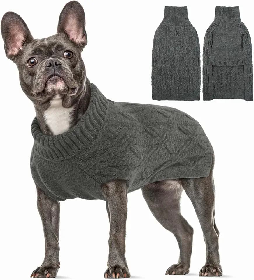 Hundepullover mit Zopfstrickmuster, Weihnachtspullover Hund Dicken Hundepulli Warmer Rollkragen Hunde Pullover Winter Hundebekleidung(Grau, L)