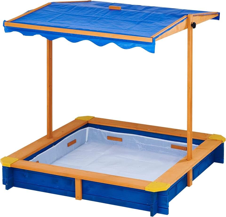 Teamson Kids Großer Garten Sandkasten aus Holz mit Deckel, Drehbarem Baldachin und Verstellbarer Höhe, Draussen Sandkasten Spielzeug mit Abdeckung für Jungen und Mädchen