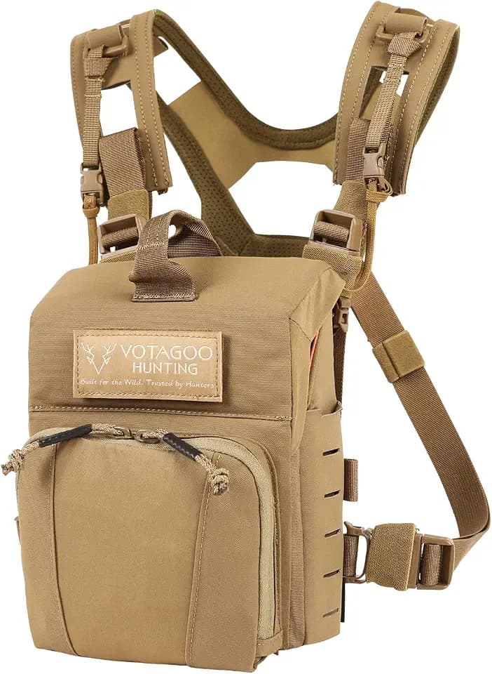 VOTAGOO Binocular Harness Case Bino Chest Pack with Magnetic Closure and MOLLE System Water-repellent for Hunting (Single Case, Brown)