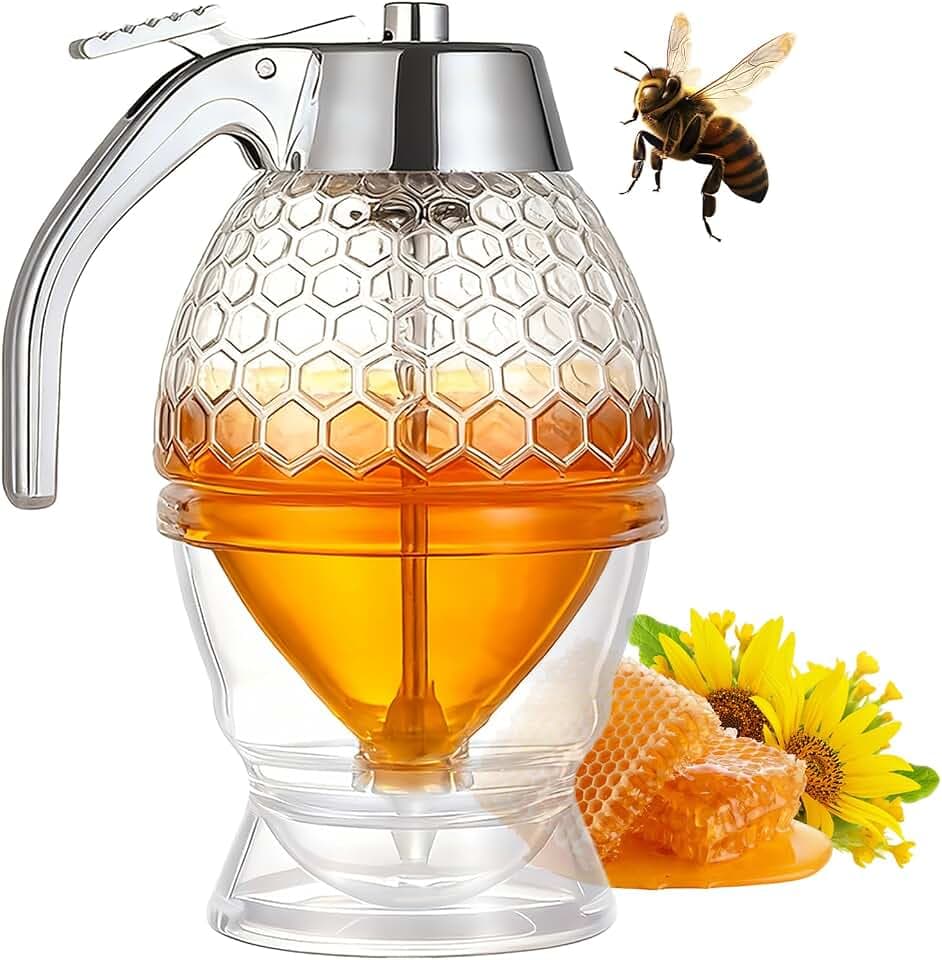 Honey Dispenser - Honey Dispenser No Drip, 8 oz Pot with Stand, Maple Syrup Container, Elegant Honeycomb Shaped Jar for Tea Time