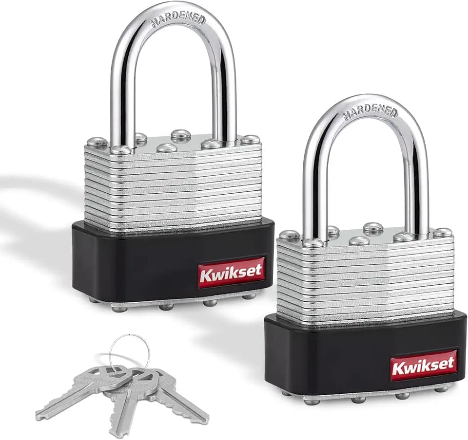 Kwikset Laminated Steel Padlock with Hardened Steel Shackle, 2-Pack, Silver